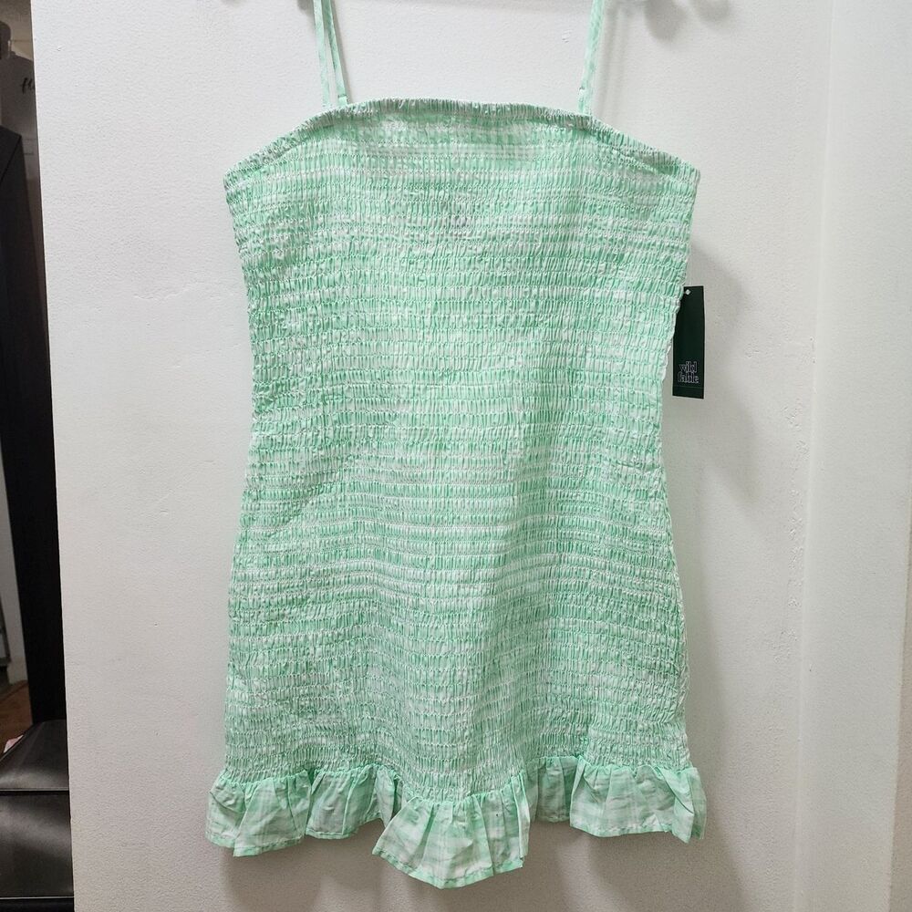 Mint Green/White Gingham Smocked Straight Neck Strappy Ruffle Mini Sundress XL